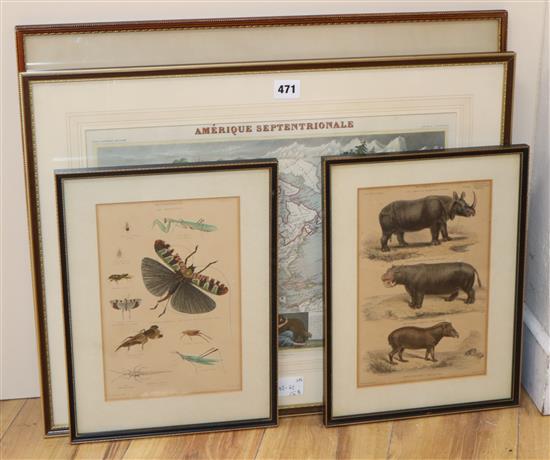 A coloured engraved map, Amerique Septentrionale & 3 other prints
